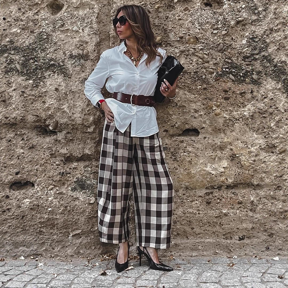 Damen Karo-Hochtaillierte Palazzo-Hose mit weitem Bein & Bundfalten Nord Taschen