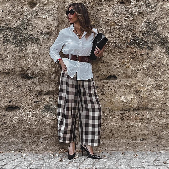 Damen Karo-Hochtaillierte Palazzo-Hose mit weitem Bein & Bundfalten Nord Taschen