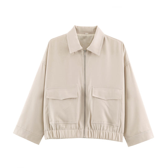 Damen Oversize Kurzjacke mit Metallreißverschluss, großen Pattentaschen und elastischem Saum Nord Taschen