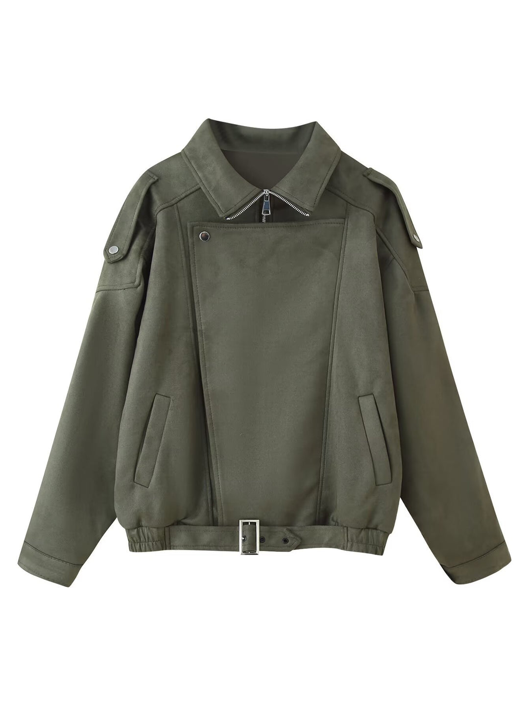Damen Oversized Kunstwildleder‑Fliegerjacke mit Taillenriemen, Schulterpatten und Stehkragen Nord Taschen