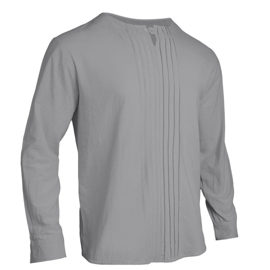 Herren Leichtes Langarmshirt im Leinenlook mit Stehkragen, Kellerfalten und Schlaufenverschluss Nord Taschen