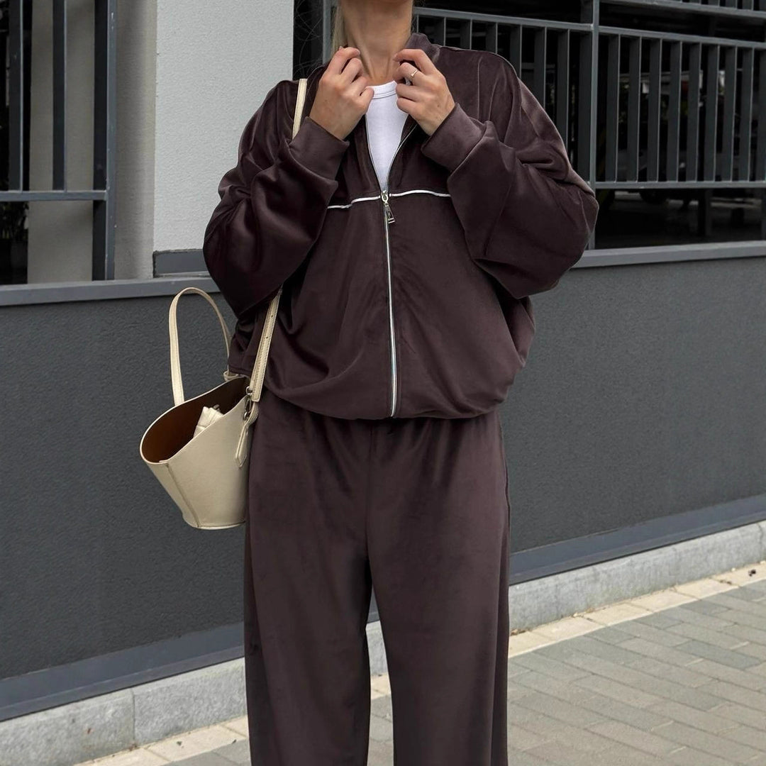 Damen moderne Velours-Zweiteiler mit kurzem Stehkragen-Zip und fließender hochgeschnittener Palazzohose Nord Taschen