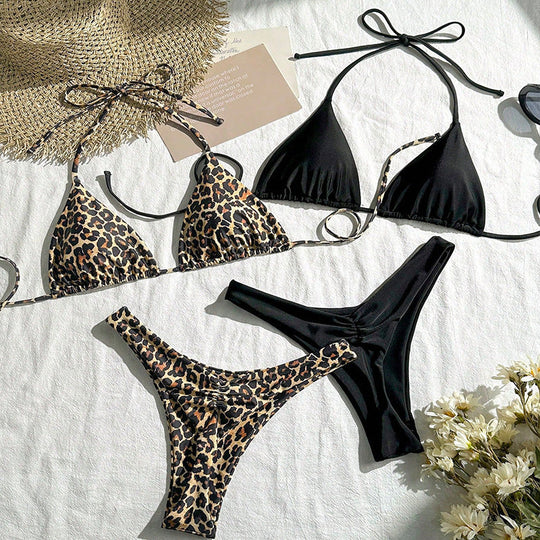 Damen Triangel-Bikini mit verspieltem Leopardenmuster und modischen Trägern