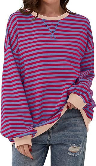 Damen Gestreifter Oversize Pullover mit Kontrastbündchen Nord Taschen