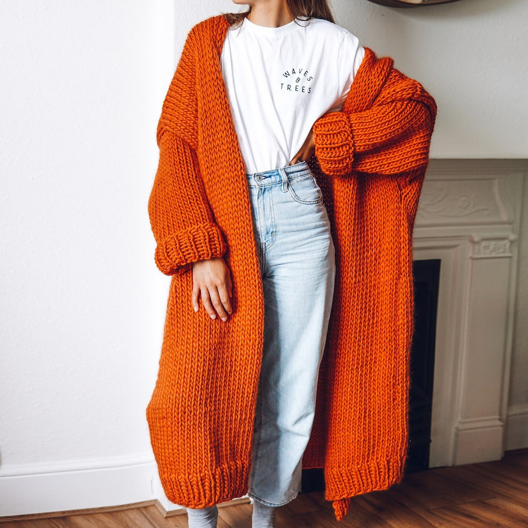 Damen Oversize Maxi Grobstrick-Cardigan mit offener Front und voluminösen Ärmeln Nord Taschen