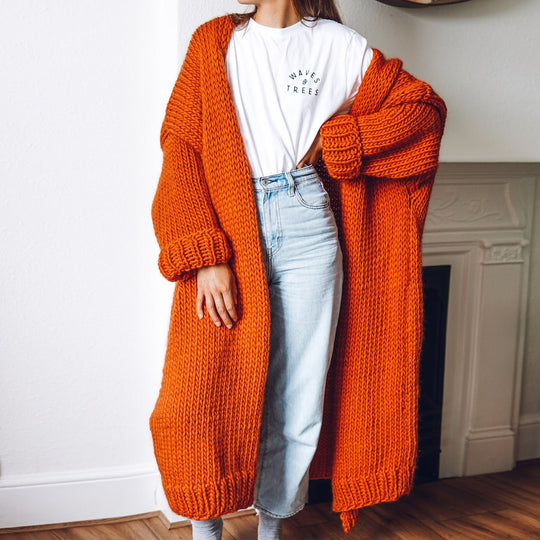 Damen Oversize Maxi Grobstrick-Cardigan mit offener Front und voluminösen Ärmeln Nord Taschen