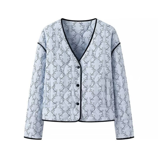 Damen gesteppte Kurzjacke mit V‑Ausschnitt, Kontrastpaspel und floraler Steppapplikation Nord Taschen