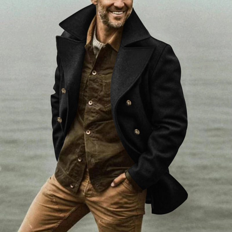 Herren Kurzmantel im Marine-Stil aus Wollmischung mit doppelter Knopfleiste und großem Revers Nord Taschen