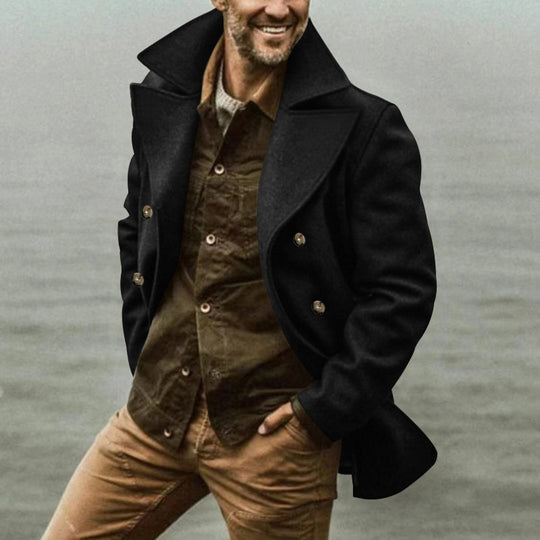 Herren Kurzmantel im Marine-Stil aus Wollmischung mit doppelter Knopfleiste und großem Revers Nord Taschen
