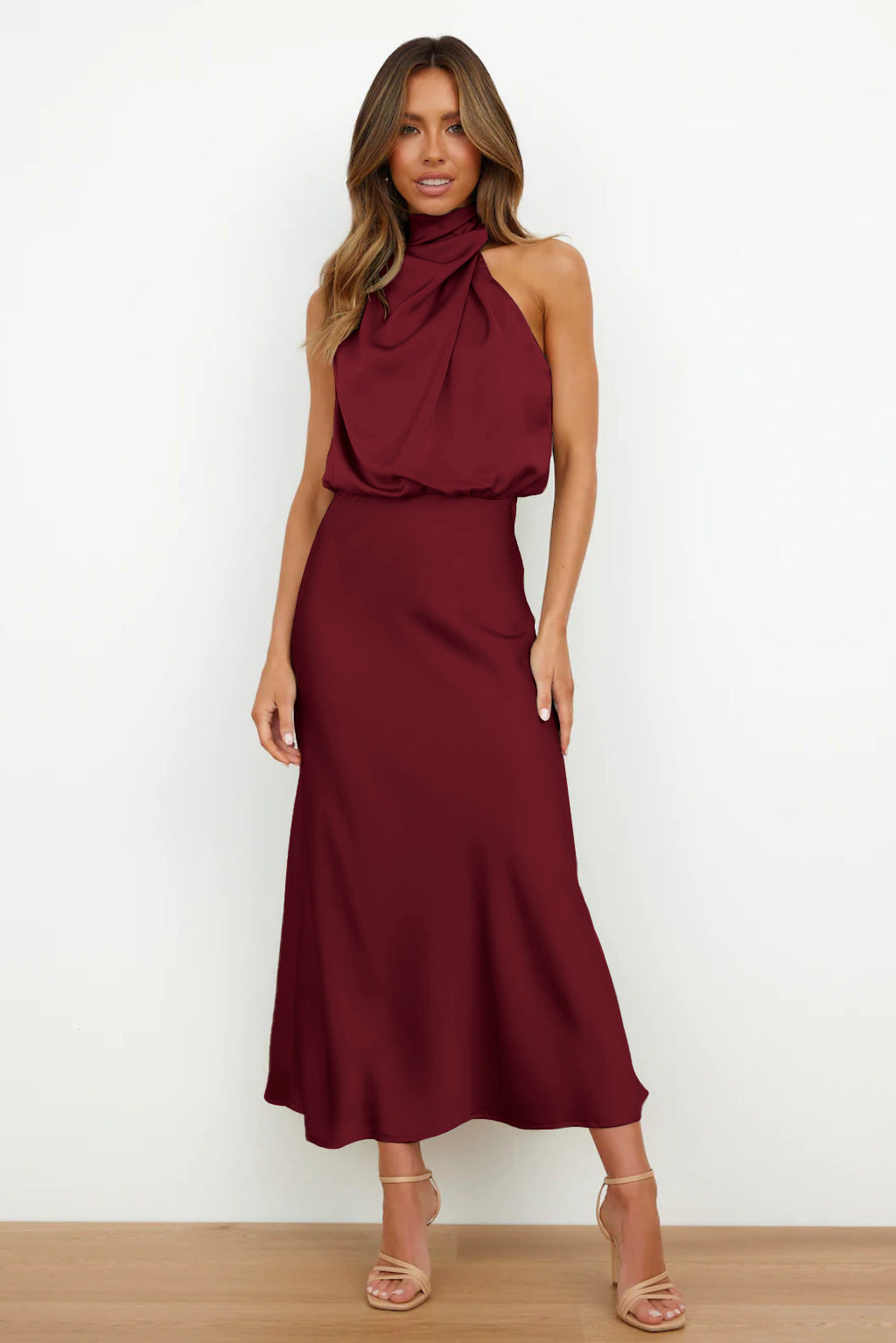 Damen Fließendes Maxikleid mit elegantem Stehkragen und Drapierung