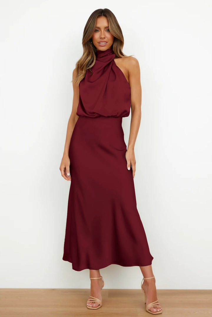Damen Fließendes Maxikleid mit elegantem Stehkragen und Drapierung