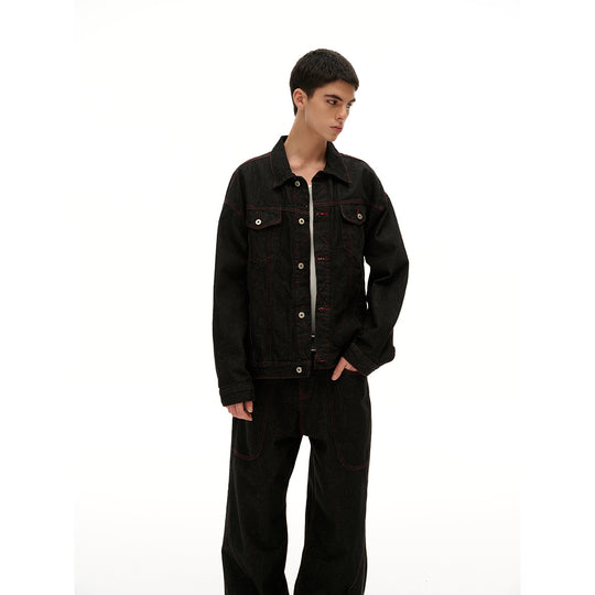 Herren Boxy‑Denimjacke mit roten Kontrastnähten und Metallknöpfen Nord Taschen