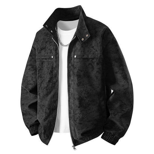 Herren Velours-Imitat Übergangsjacke im Bomberstil mit Stehkragen, Druckknopfleiste & elastischen Bündchen Nord Taschen