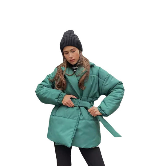Damen Wattierte Taillierte Steppjacke mit Gürtel und Kapuze Nord Taschen