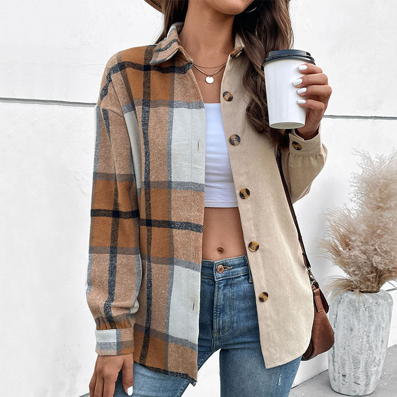 Damen Hemdjacke im zweifarbigen Karo‑ und Cord‑Mix mit Oversize‑Schnitt Nord Taschen