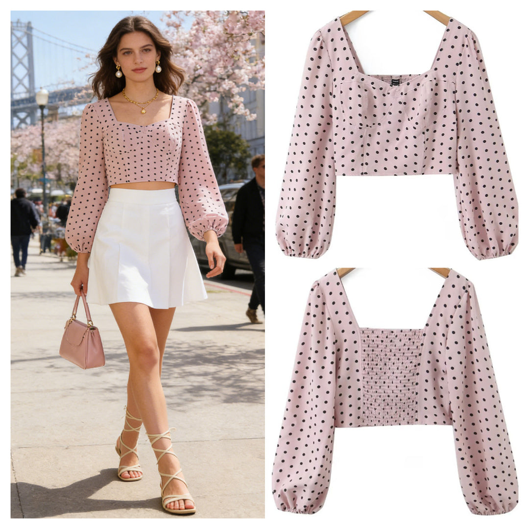 Damen Gepunktetes Bustier-Crop-Top mit Puffärmeln und Quadrat-Ausschnitt Nord Taschen