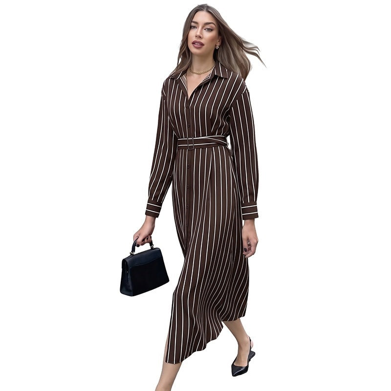 Damen Hemdblusenkleid mit Taillengürtel und vertikalem Nadelstreifen Nord Taschen