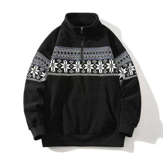 Unisex Norwegermuster-Fleecejacke mit Stehkragen, durchgehendem Reißverschluss und Kordelzug Nord Taschen
