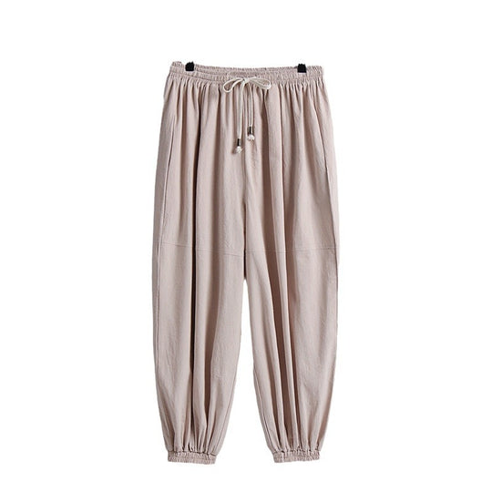 Damen weite Baumwoll-Leinen-Freizeithose mit Kordelzug und elastischen Knöchelbündchen Nord Taschen