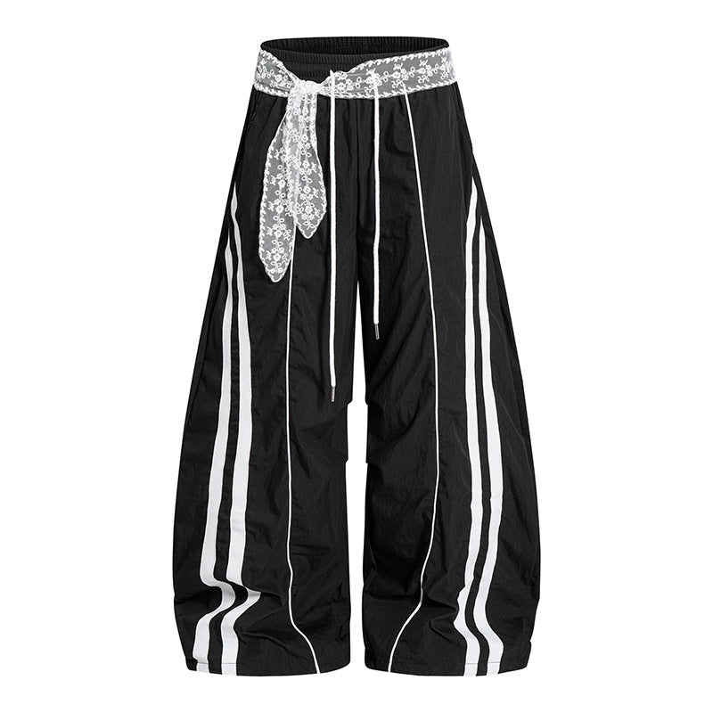 Damen Weite Palazzo-Loungehose mit elastischem Komfortbund, Kontraststreifen und Spitzenschnur Nord Taschen