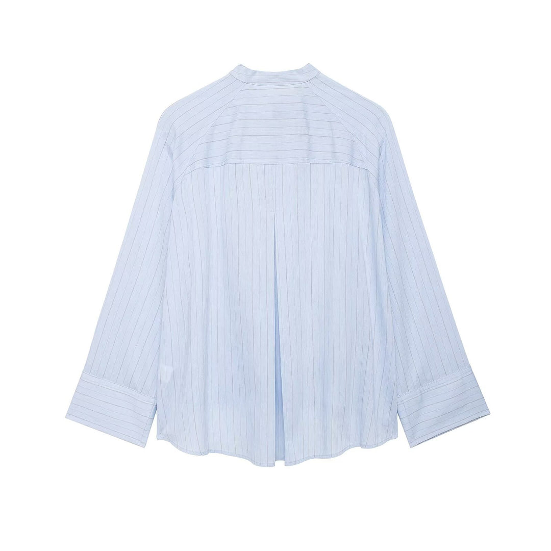 Damen Oversized gestreifte Hemdbluse mit Stehkragen, asymmetrischer Knopfleiste und High‑Low‑Saum Nord Taschen