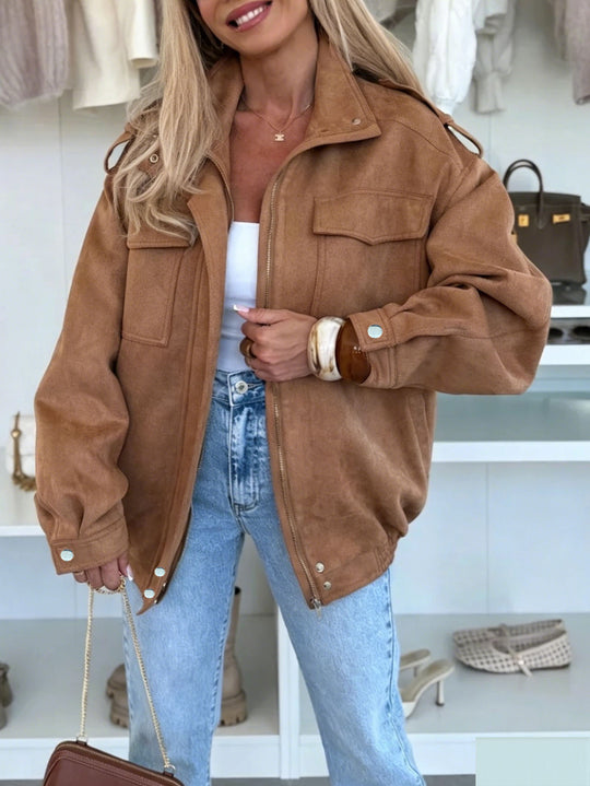 Damen Oversized Jacke in Wildleder-Optik mit Brusttaschen und Epauletten Nord Taschen