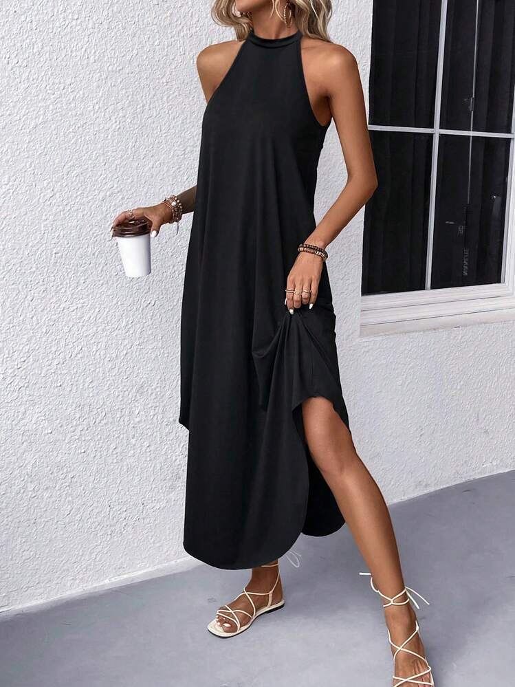 Damen lässiges Sommermaxikleid mit elegantem Halternetz und praktischen Taschen