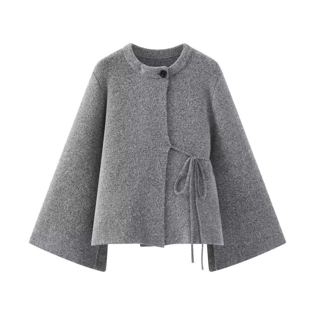 Damen Kurzes Wollmix‑Cape mit Rundhals, Tunnelzug‑Taillierung und Trompetenärmeln Nord Taschen