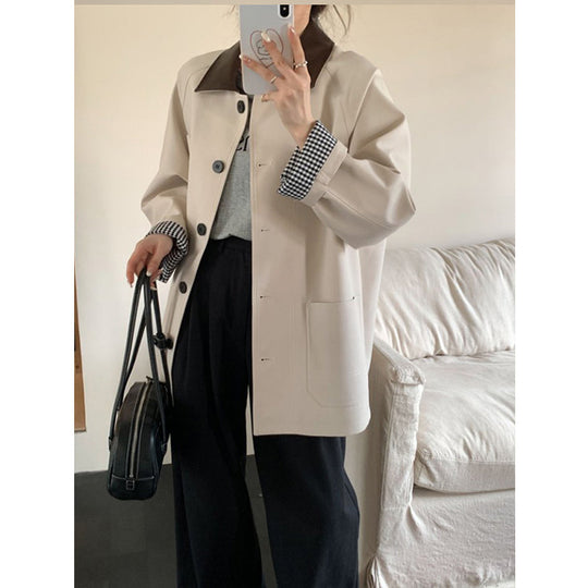 Damen Leichte Oversize-Übergangsjacke mit Kontrastkragen und kariertem Ärmelsaum Nord Taschen