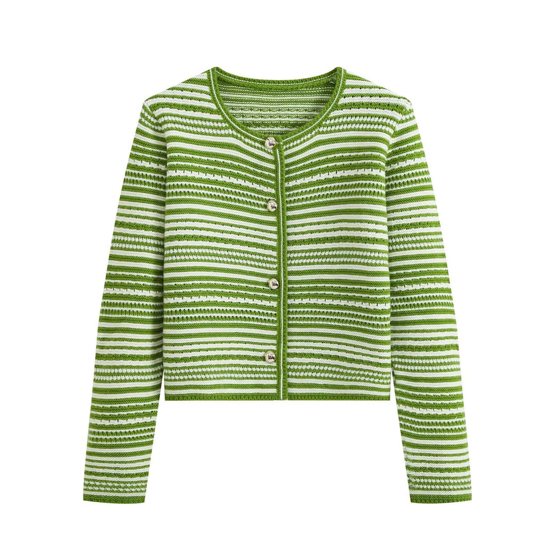Damen gestreifte Kurzstrickjacke mit Rundhals und dekorativen Knöpfen Nord Taschen