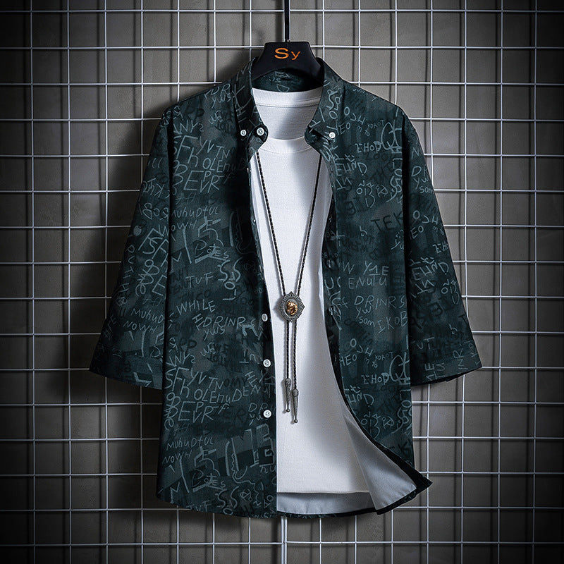 Herren Locker geschnittenes Kurzarm-Overshirt mit allover Grafikprint und Hemdkragen Nord Taschen