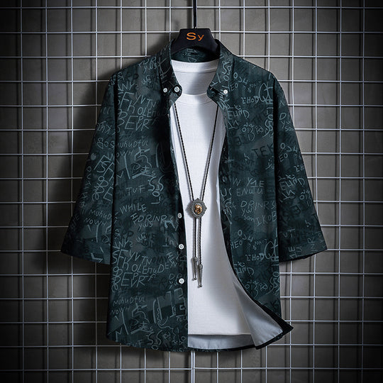 Herren Locker geschnittenes Kurzarm-Overshirt mit allover Grafikprint und Hemdkragen Nord Taschen