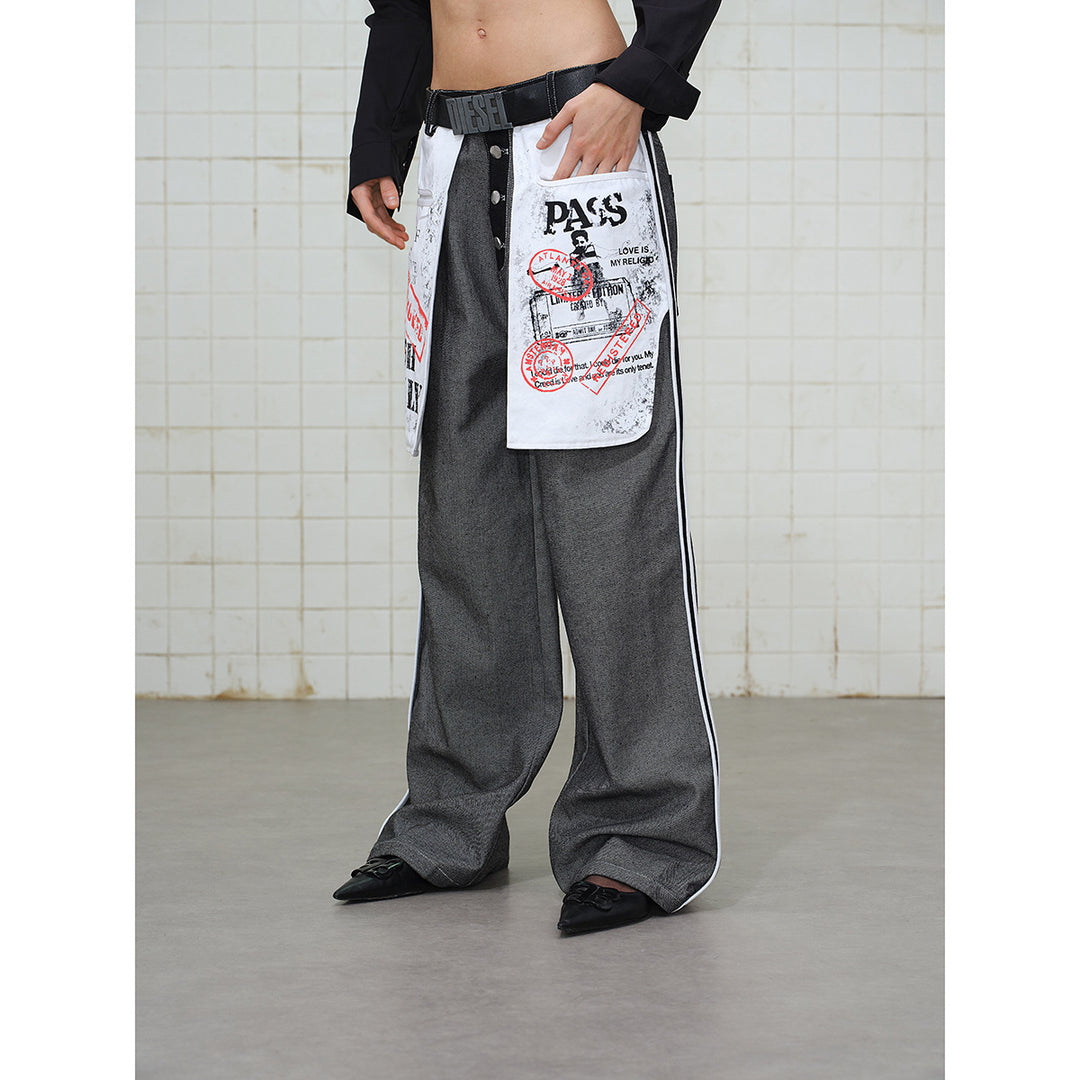 Damen Wide-Leg Cargo-Jeans mit aufgesetzten Grafik-Patches und Kontraststreifen Nord Taschen