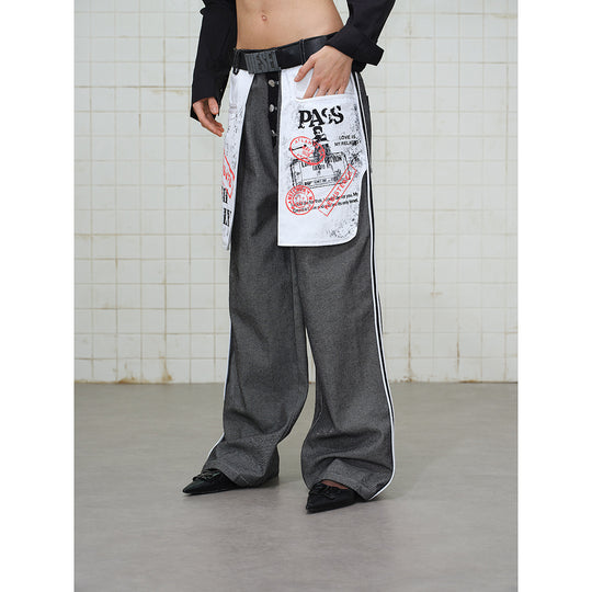 Damen Wide-Leg Cargo-Jeans mit aufgesetzten Grafik-Patches und Kontraststreifen Nord Taschen