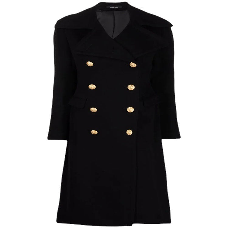 Damen Taillierter Doppelreihiger Mantel im Marine-Style mit goldenen Zierknöpfen und Pattentaschen Nord Taschen