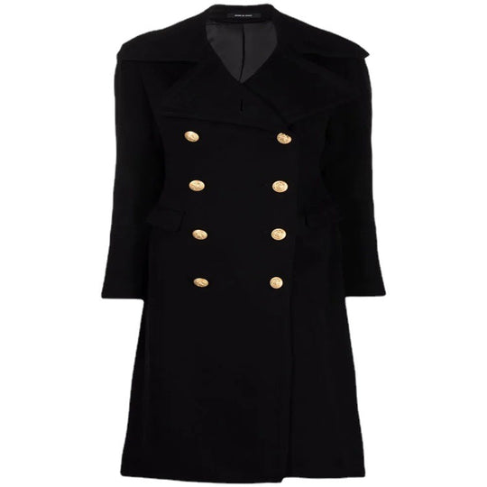 Damen Taillierter Doppelreihiger Mantel im Marine-Style mit goldenen Zierknöpfen und Pattentaschen Nord Taschen