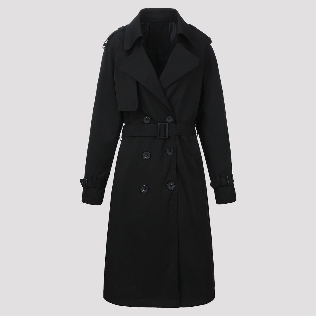 Damen Klassischer taillierter Doppelreihiger Trenchcoat mit Bindegürtel und Schulterklappen Nord Taschen