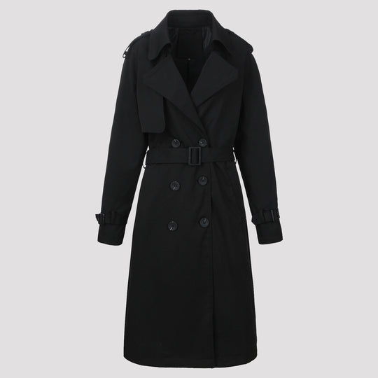Damen Klassischer taillierter Doppelreihiger Trenchcoat mit Bindegürtel und Schulterklappen Nord Taschen