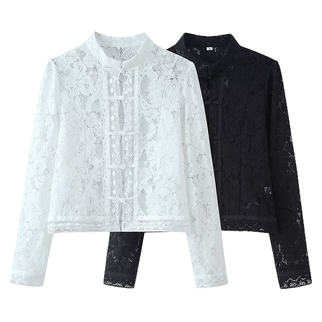 Damen Spitze Jacke mit Stehkragen, chinesischen Knoten und transparentem Floral-Design Nord Taschen