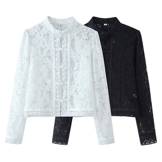 Damen Spitze Jacke mit Stehkragen, chinesischen Knoten und transparentem Floral-Design Nord Taschen