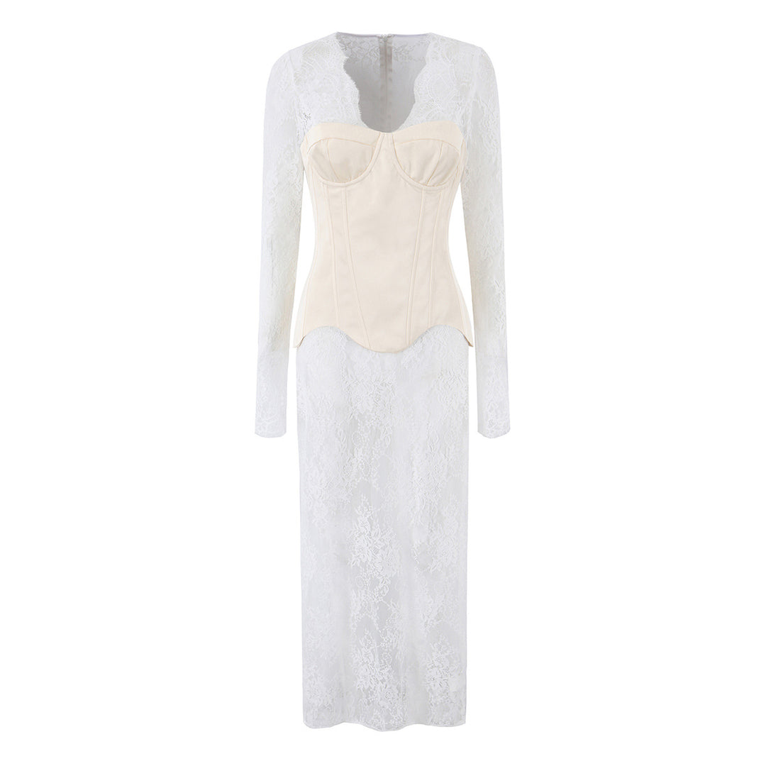 Damen Spitzen‑Maxikleid mit Korsett‑Oberteil und langen Ärmeln Nord Taschen
