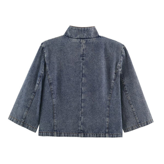 Damen Verkürzte Jeansjacke im Boxy‑Schnitt mit Stehkragen und dreiviertelärmeln Nord Taschen