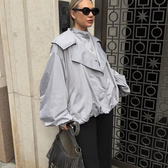 Damen Oversize Kurzjacke mit weitem Volumenärmeln und Tunnelzugsaum Nord Taschen