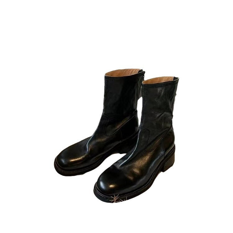Damen Mid‑Calf Stretch-Lederstiefel mit runder Kappe und profilierter Plateausohle Nord Taschen
