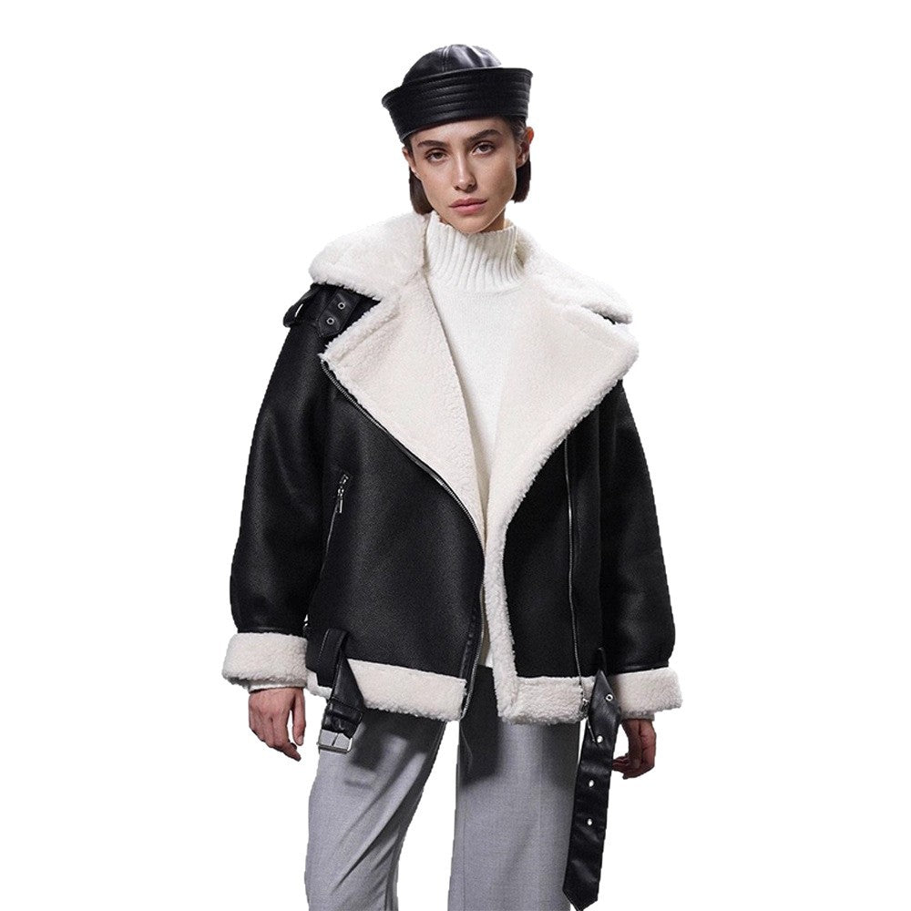 Damen Oversized Bikerjacke mit Teddyfell-Futter und verstellbaren Gürteln Nord Taschen