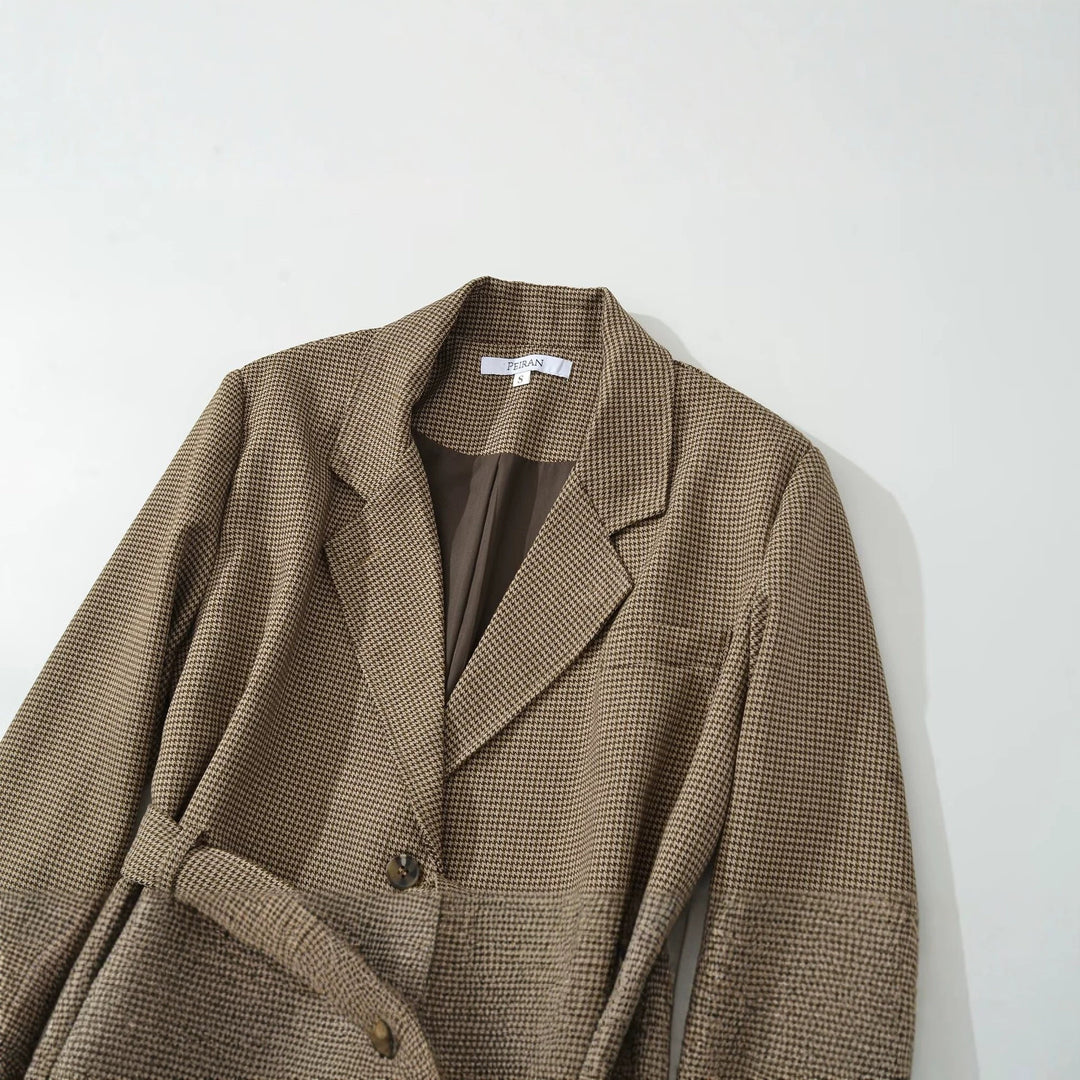 Damen Kurzblazer mit taillierendem Bindegürtel und Hahnentrittmuster Nord Taschen