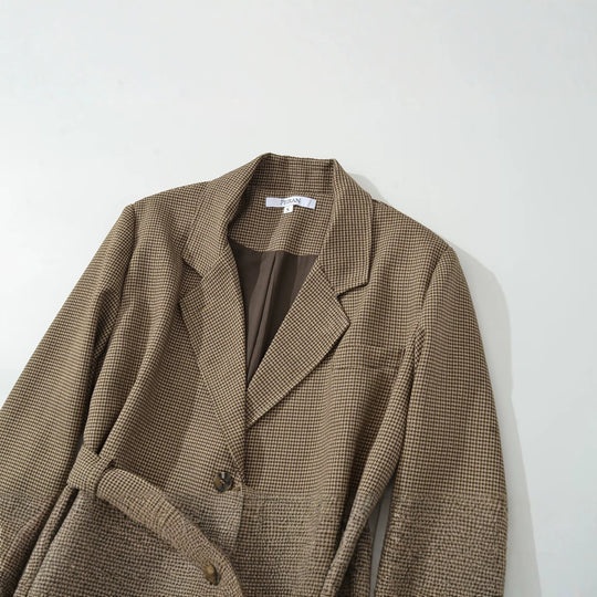 Damen Kurzblazer mit taillierendem Bindegürtel und Hahnentrittmuster Nord Taschen