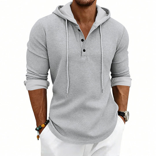 Herren Texturiertes Kapuzen-Langarmshirt mit Knopfleiste und Waffelstruktur Nord Taschen