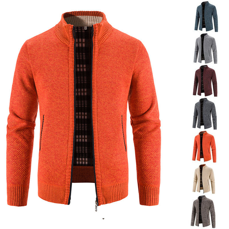 Herren Strickjacke mit durchgehendem Reißverschluss, Stehkragen und kariertem Futter Nord Taschen