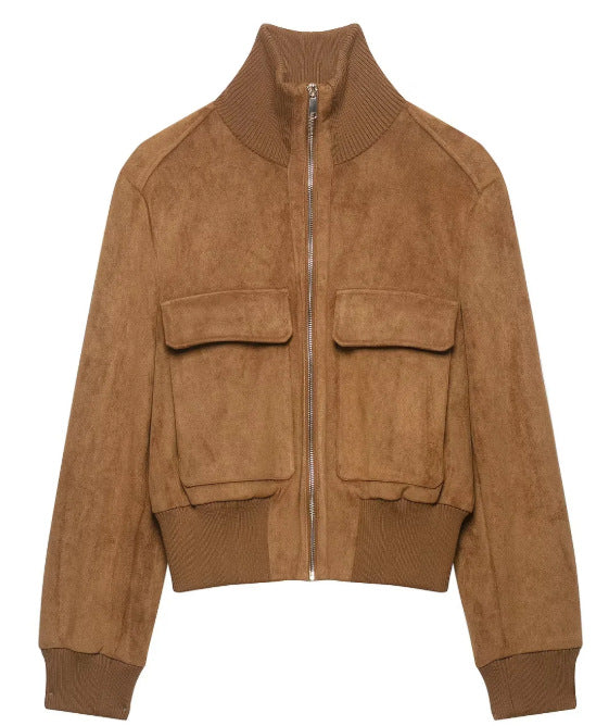 Damen Kurzer Veloursleder‑Bomber mit Stehkragen, aufgesetzten Klappentaschen und Rippenbündchen Nord Taschen